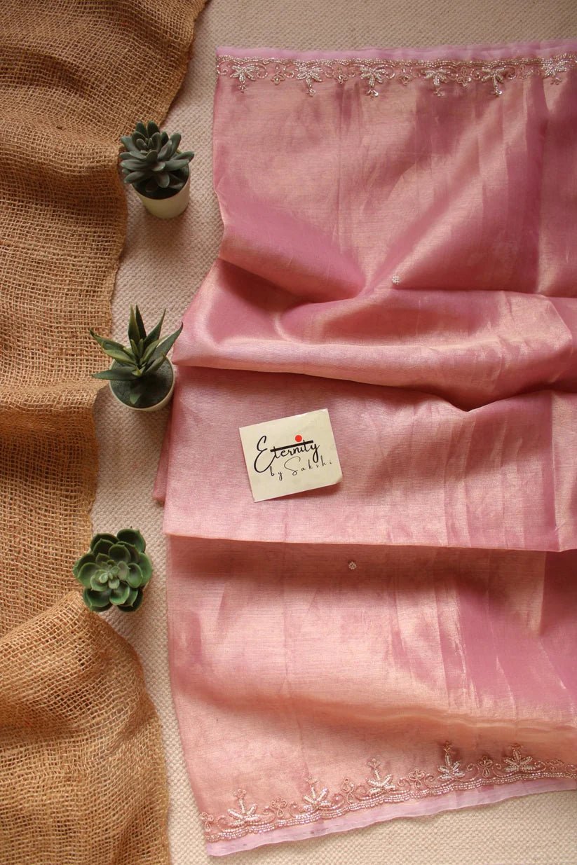 Pink Handwork Raaz Saree + Beige Metallic Single Zip Mood Blouse Combo - Eternity by Sakshi