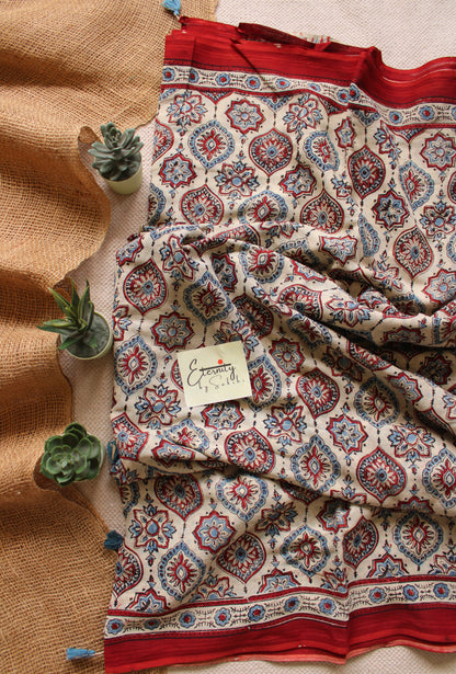 Cream Maroon Rajneel Ajrakh Saree