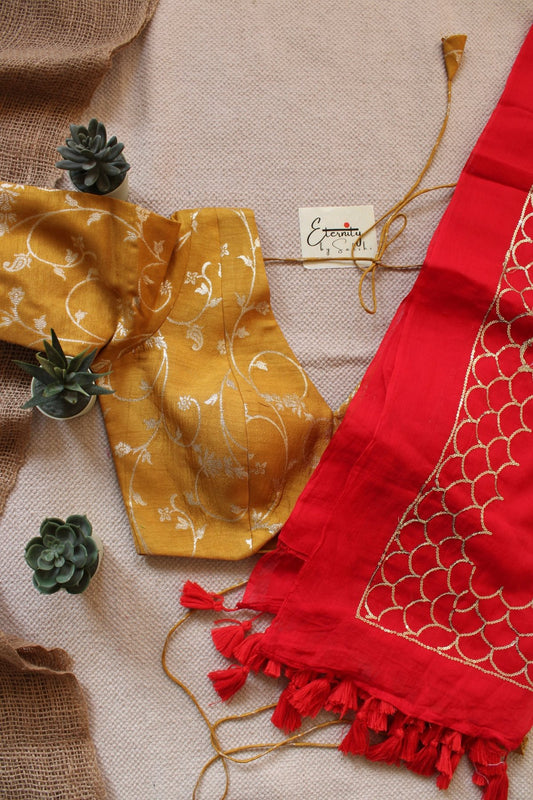 Red Roshni Saree + Yellow Brocade Blouse Combo - Eternity by Sakshi