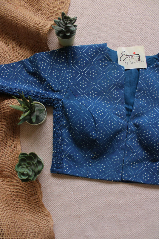 Indigo Vanilla Ajrakh Stretchable Blouse - Eternity by Sakshi