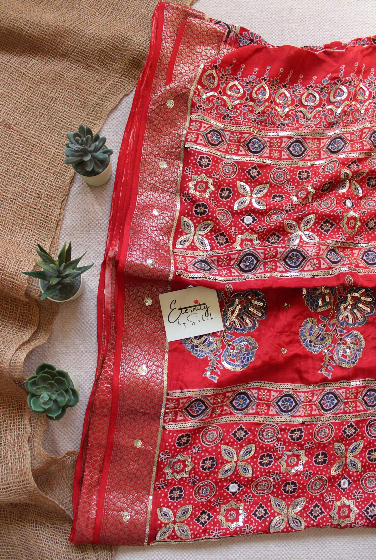 Red Noor Maharani Ajrakh Dola Silk Handwork Saree