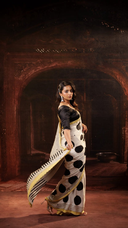Off-White Ajrakh Polka Modal Silk Saree with Artisan Handwork + Heer Black Blackless Blouse Combo
