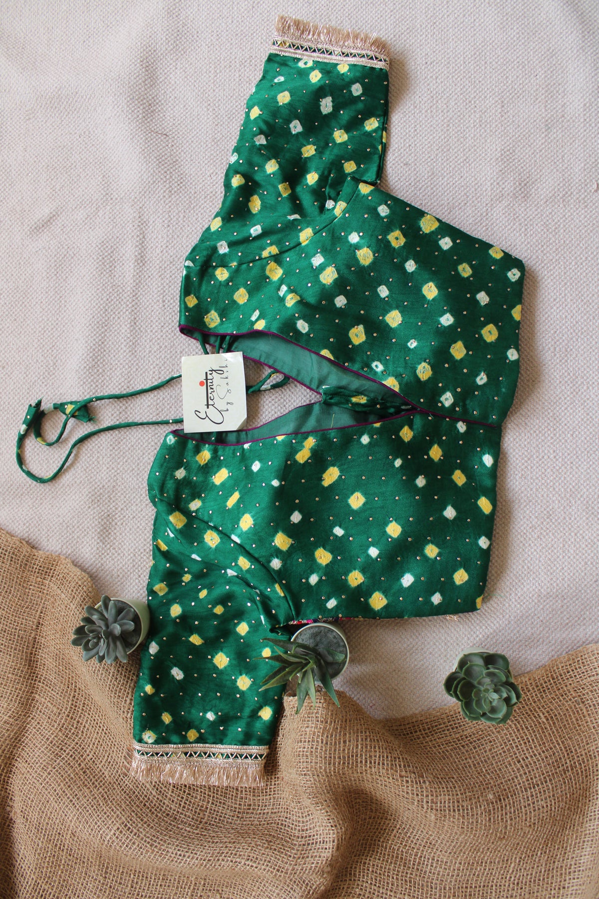 Dark Green Bandhani Pink Patch Blouse