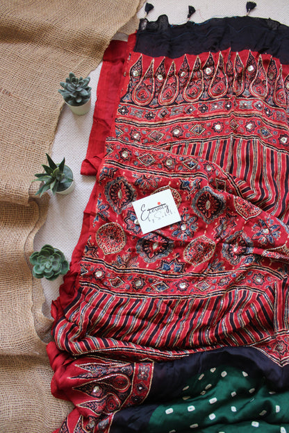 Brick Red Maharani Ajrakh Dola Silk Handwork Saree