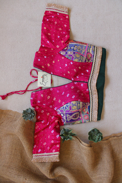 Pink Bandhani Blue Patch Blouse