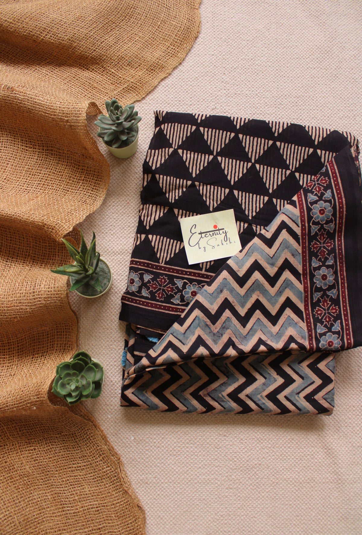 Black zigzag Rajneel Ajrakh Garage Saree