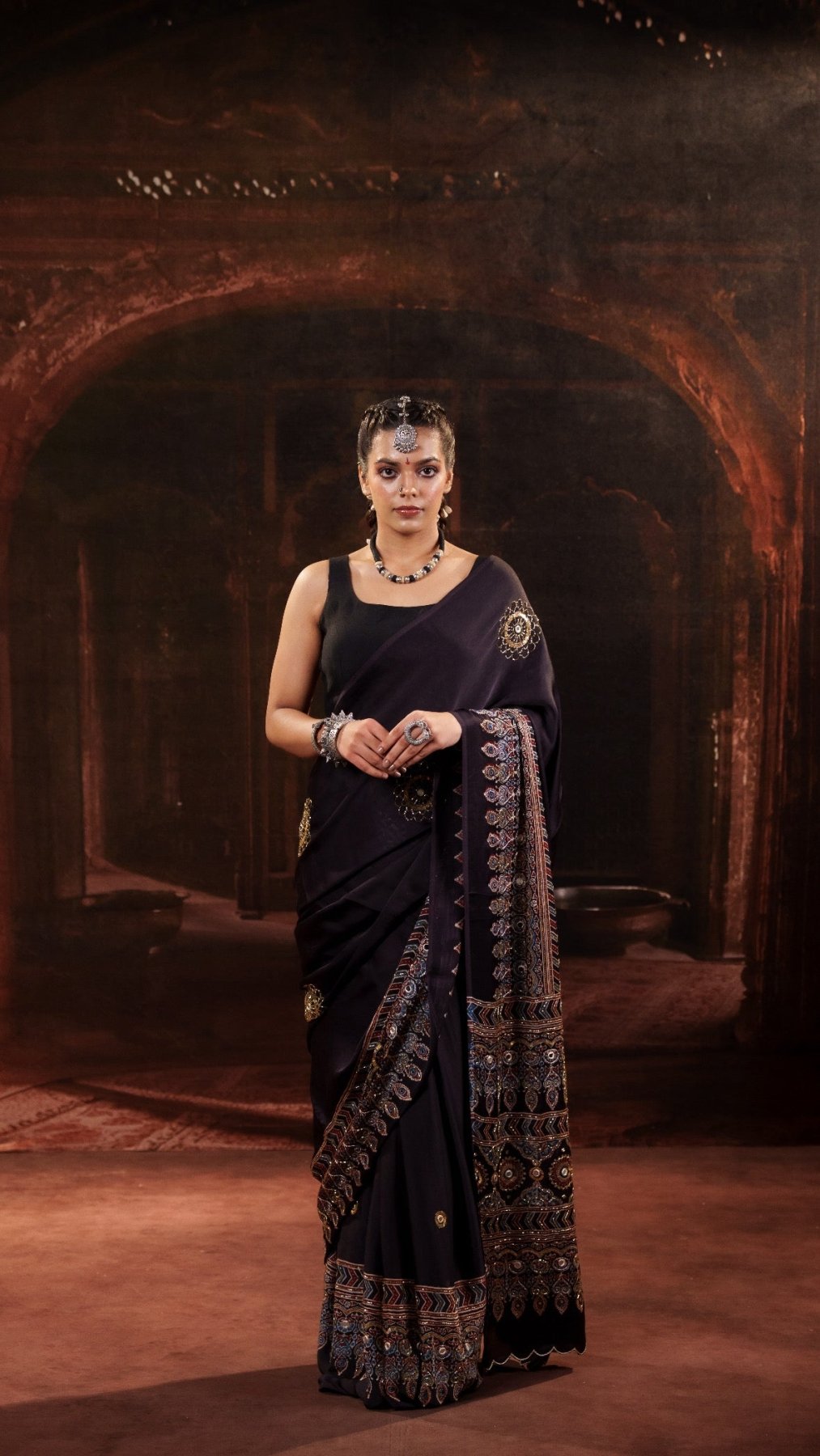 Zariya Blue Ajrakh Modal Silk Saree with Artisan Handwork - Eternity by Sakshi