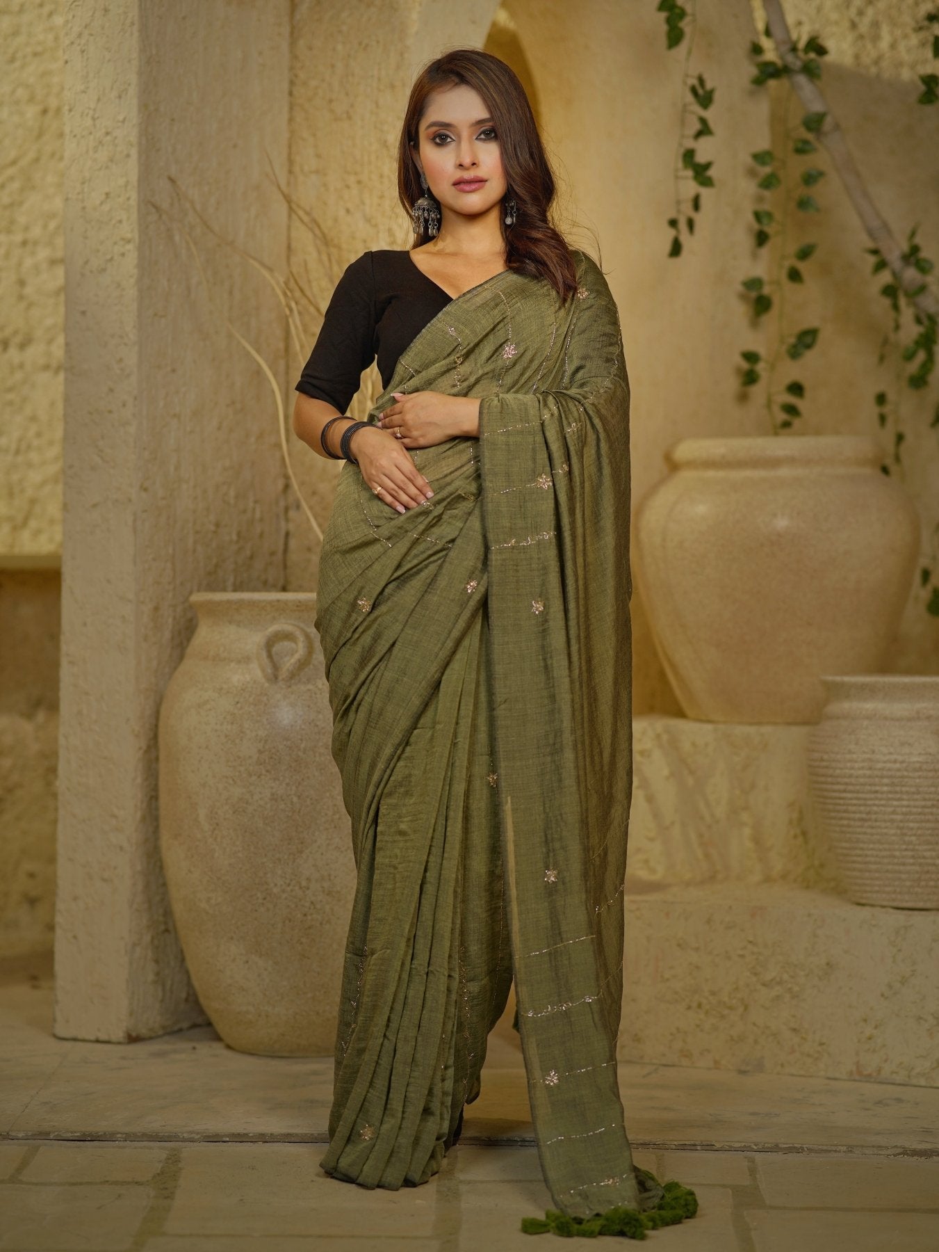 Olive Green Noor Saree - Eternity by Sakshi