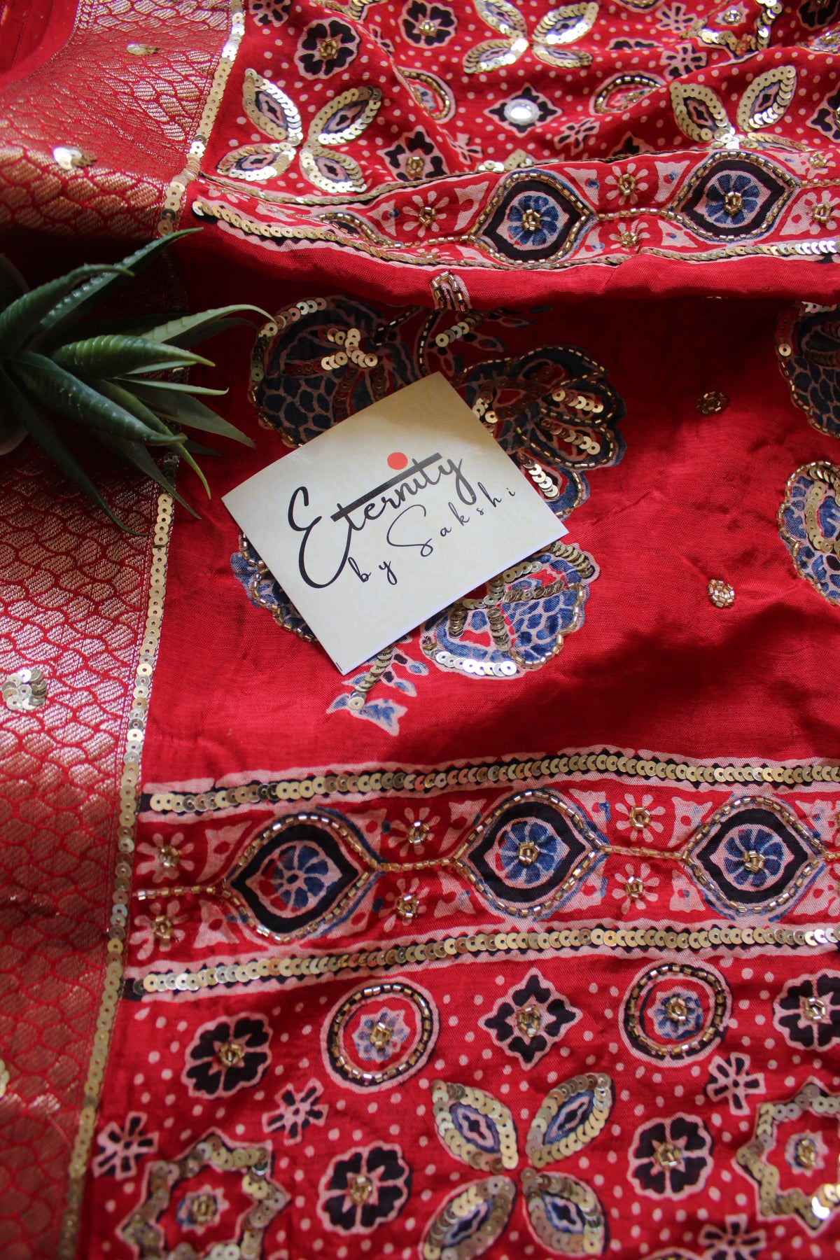 Red Noor Maharani Ajrakh Dola Silk Handwork Saree
