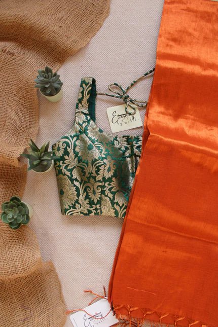 Rust Tissue Saree + Green Brocade Elastic Noorie Blouse Combo - Eternity by Sakshi