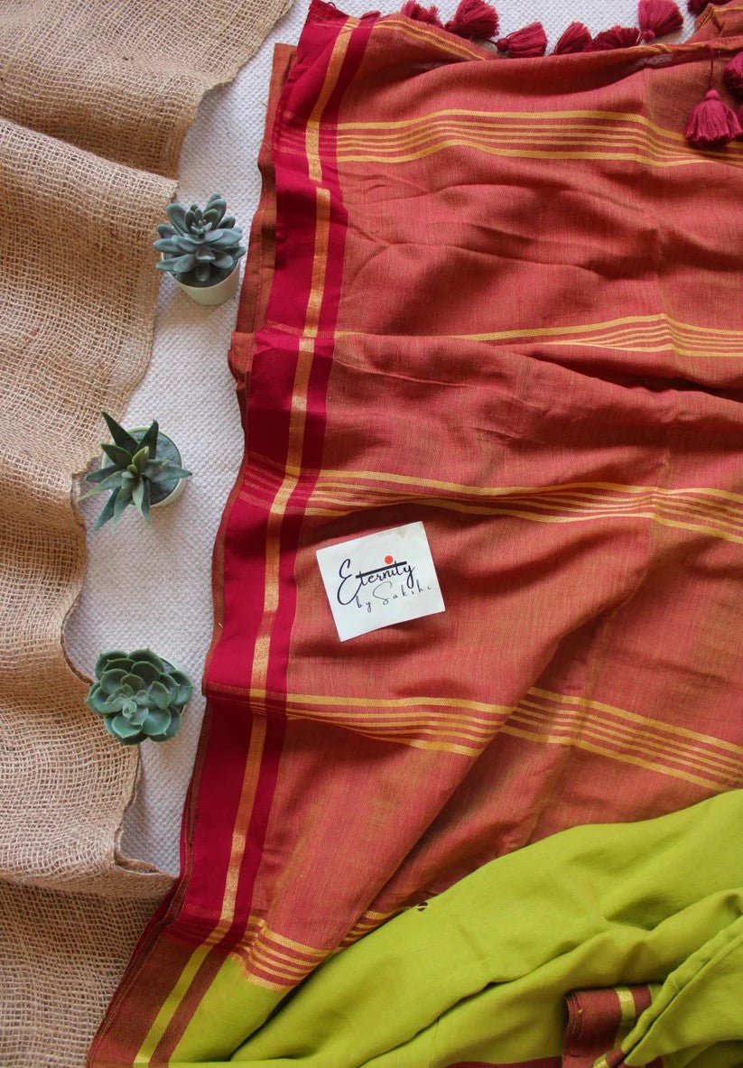 Mehendi Green Varnika Saree + Maroon Gulnaar Brocade Blouse Combo - Eternity by Sakshi