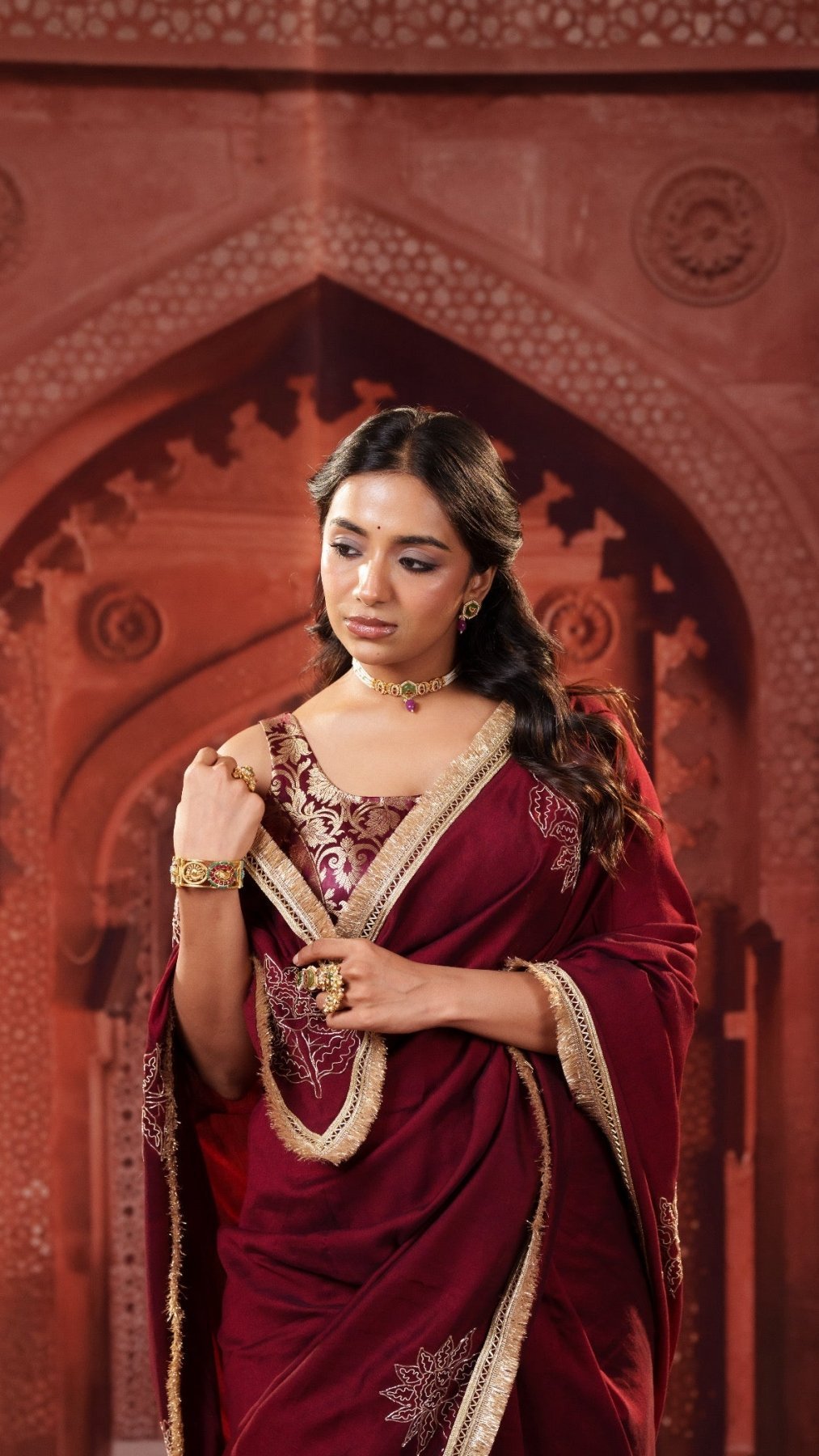 Maroon Elegance Handwork Saree + Maroon Brocade Elastic Noorie Blouse Combo - Eternity by Sakshi