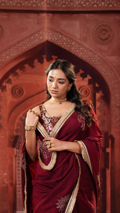 Maroon Elegance Handwork Saree + Maroon Brocade Elastic Noorie Blouse Combo - Eternity by Sakshi