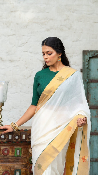 Golden Dusk Handloom Cotton Tissue Silk Saree for Onam | Metallic Weave - Eternity by Sakshi