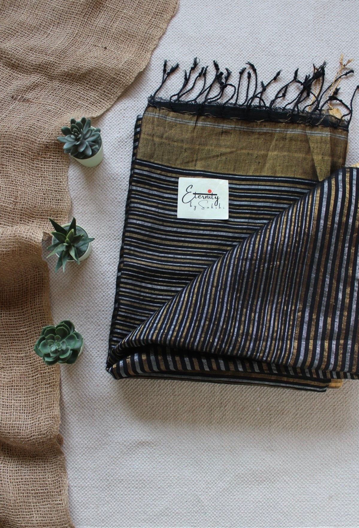 Black Stripes Linen Saree - Eternity by Sakshi