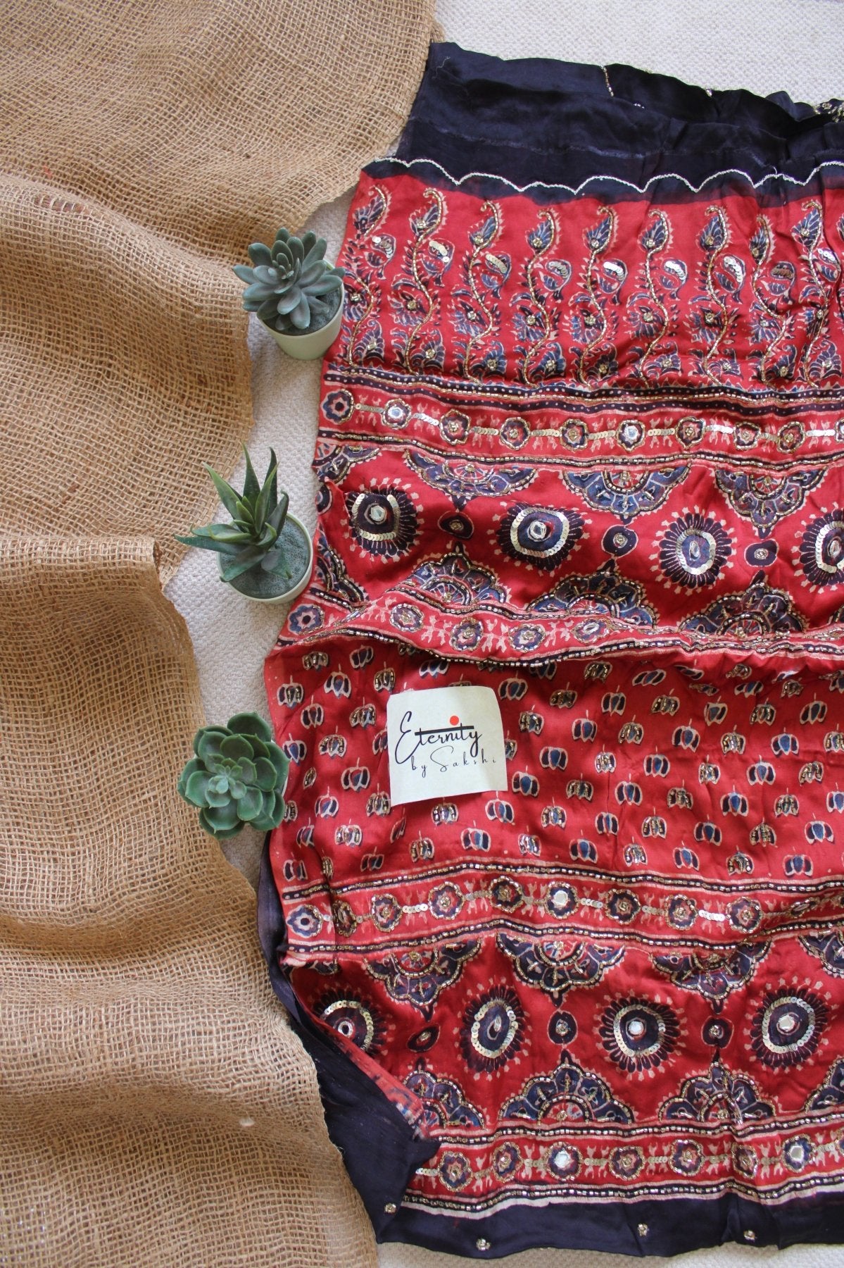 Crimson Noor Ajrakh Modal Silk Saree with Artisan Handwork - Eternity by Sakshi