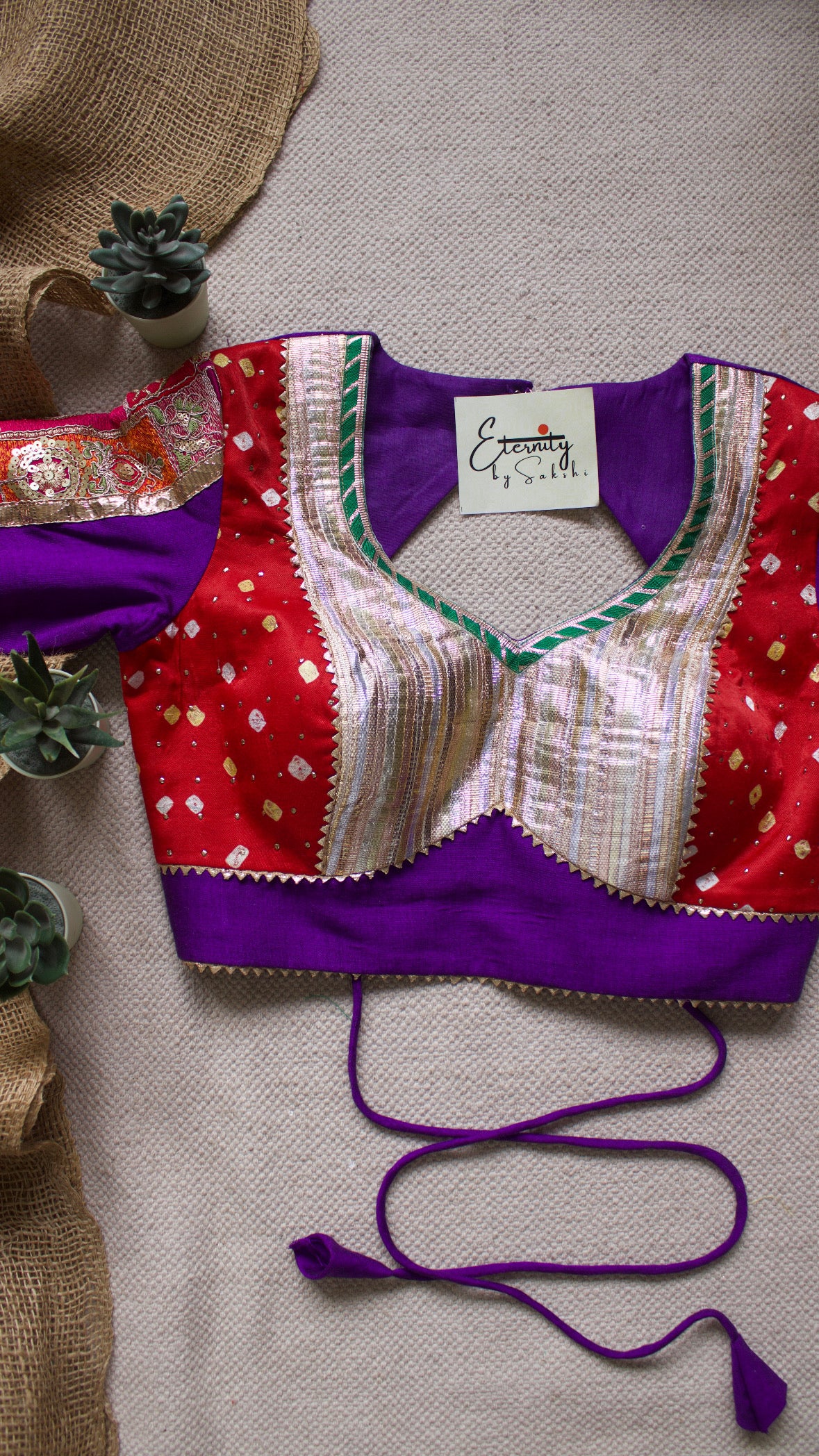 Gehraai Bandhani Multicolor Red Purple Patch Blouse