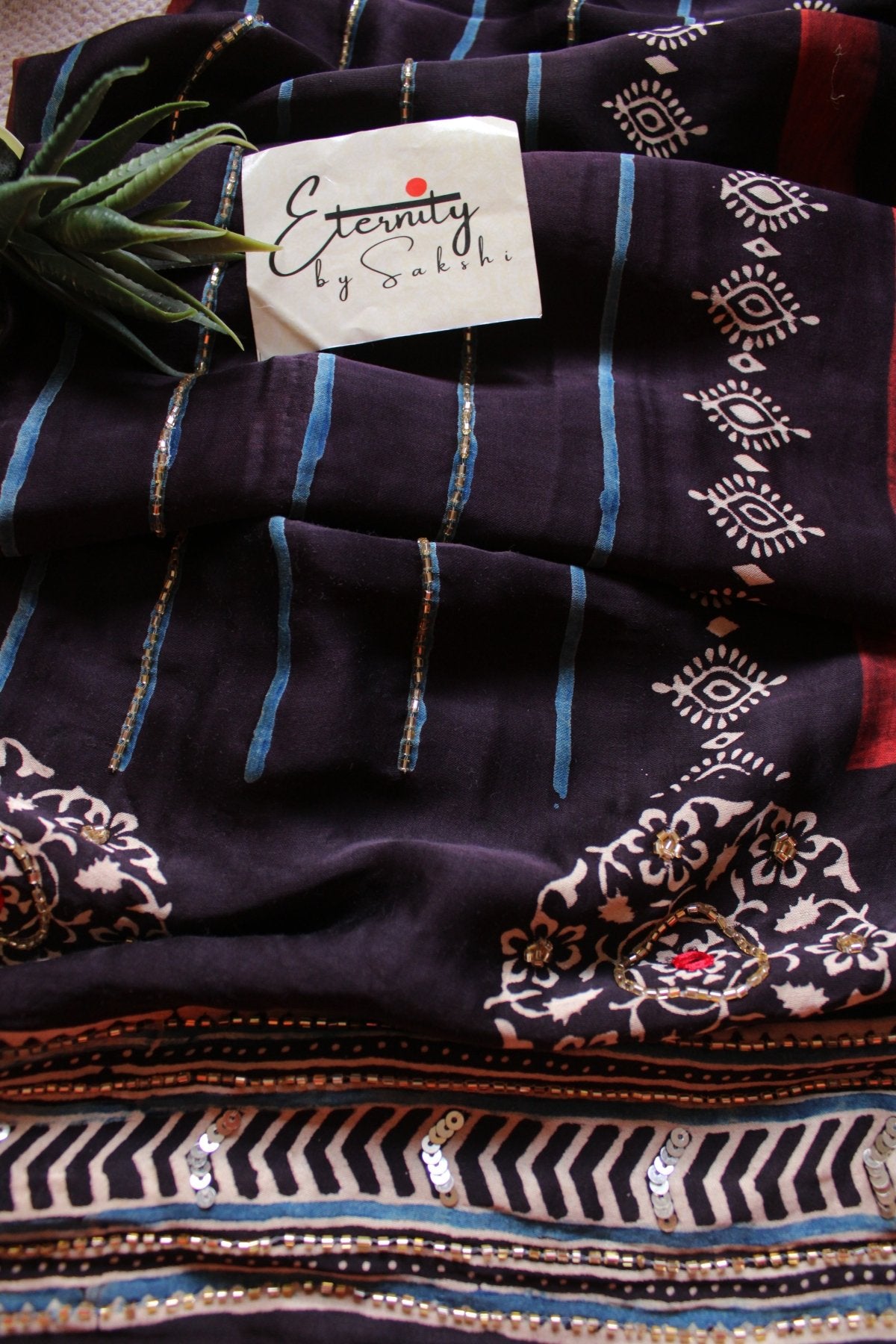 Ruhva Indigo Ajrakh Modal Silk Saree with Artisan Handwork - Eternity by Sakshi