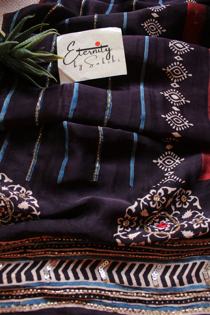 Ruhva Indigo Ajrakh Modal Silk Saree with Artisan Handwork - Eternity by Sakshi