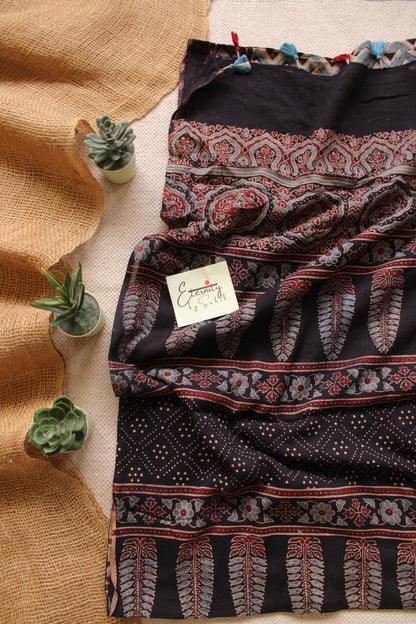 Black zigzag Rajneel Ajrakh Garage Saree