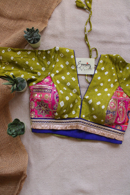 Green Bandhani Pink Patch Blouse - Eternity by Sakshi