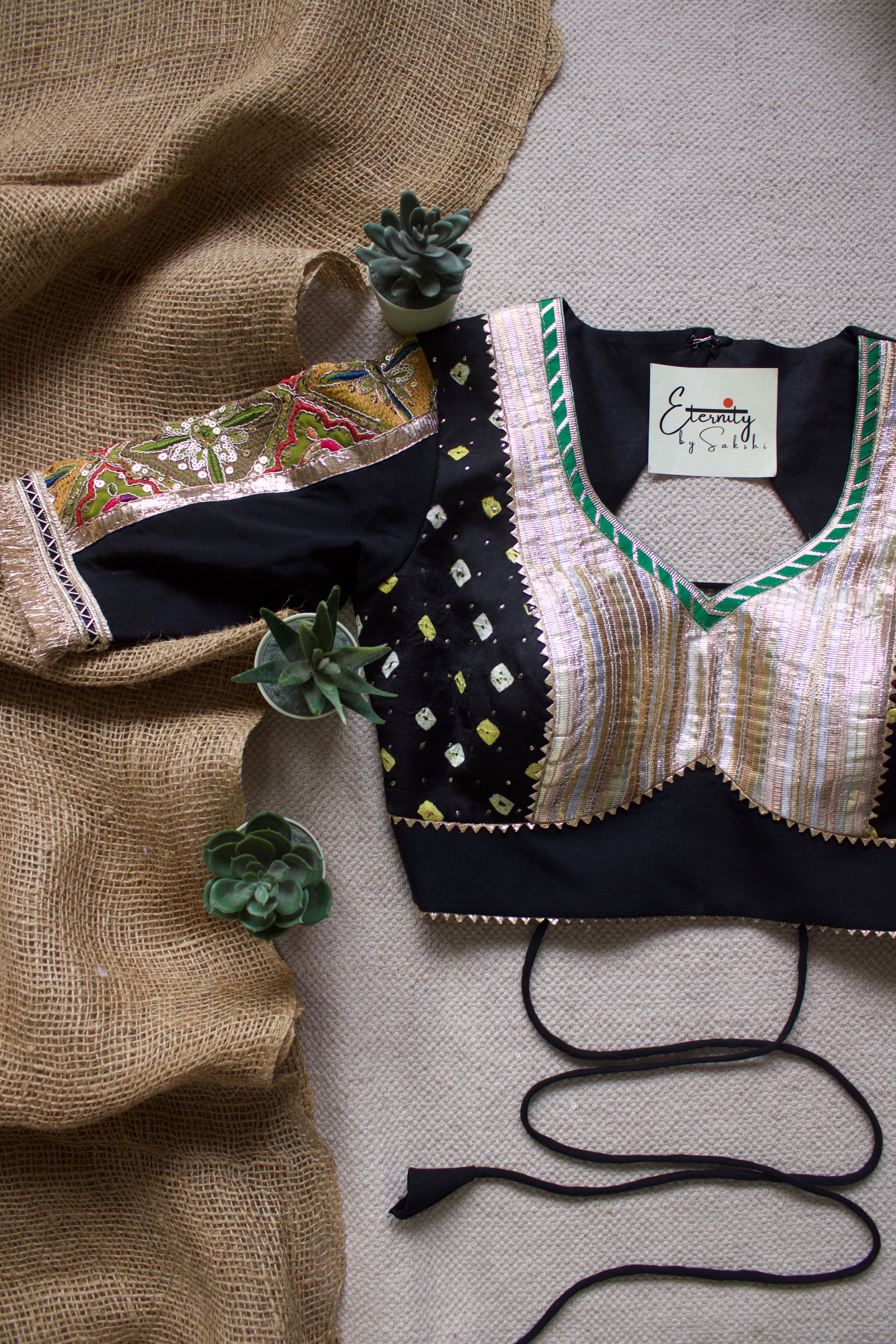 Gehraai Bandhani Multicolor Black Patch Blouse