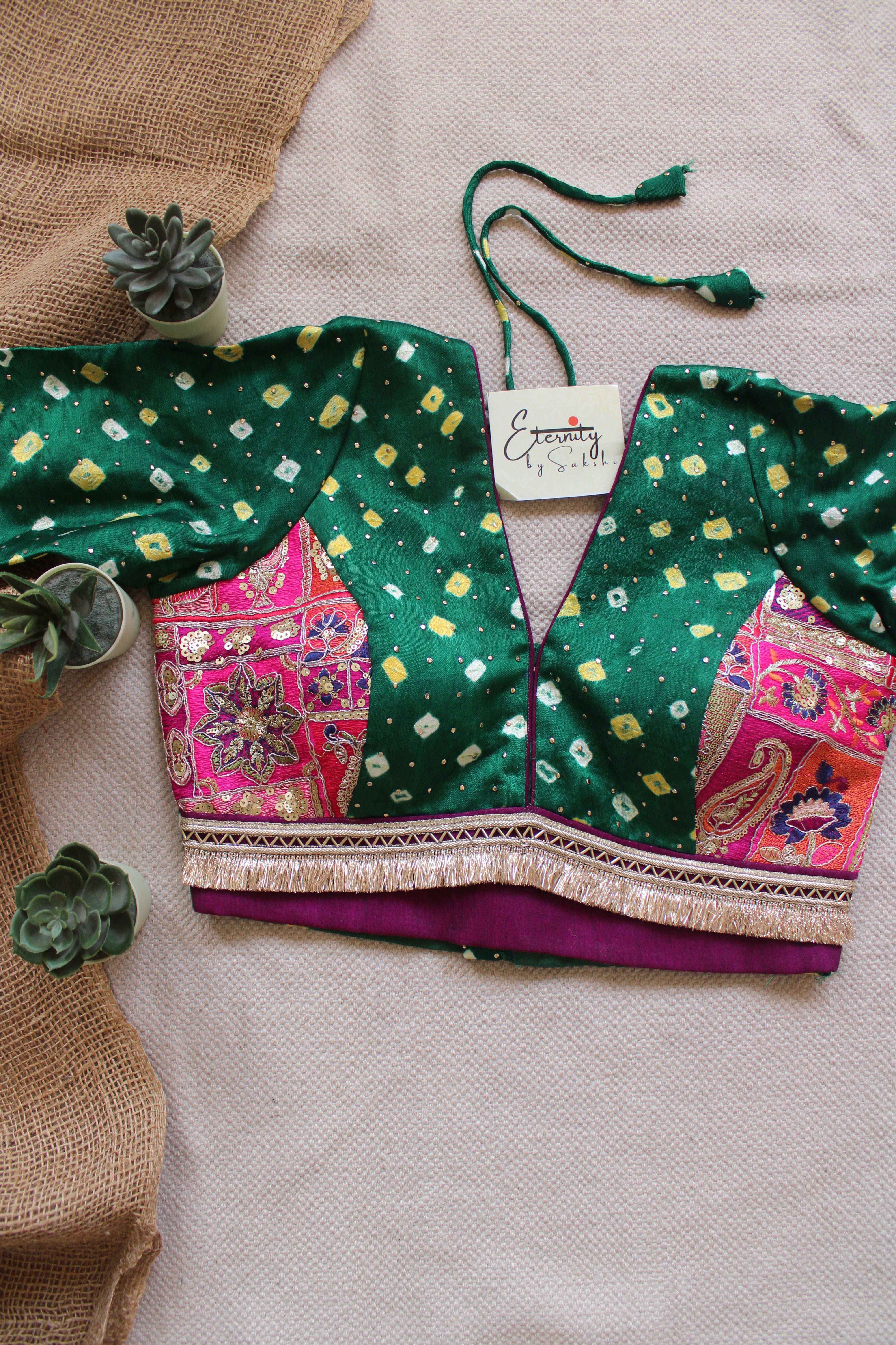 Dark Green Bandhani Pink Patch Blouse