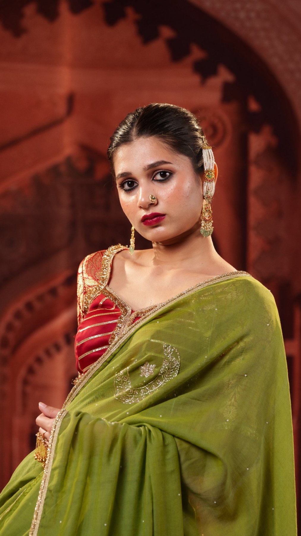 Olive Green Chand Tara Handwork Saree - Eternity by Sakshi