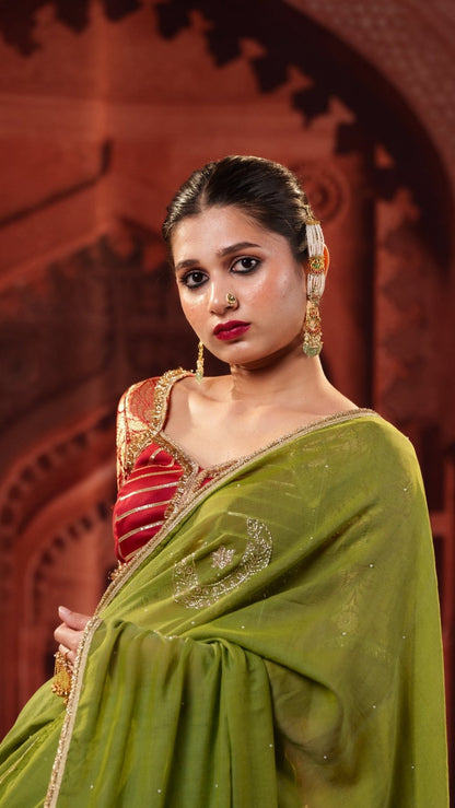 Olive Green Chand Tara Handwork Saree - Eternity by Sakshi