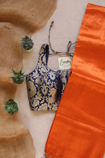 Rust Tissue Saree + Blue Brocade Elastic Noorie Blouse Combo - Eternity by Sakshi