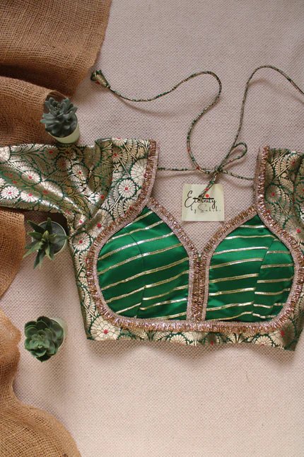 Green Navratri Banarasi Brocade Blouse | Padded, Back Hook - Eternity by Sakshi