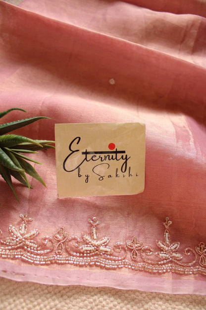 Pink Handwork Raaz Saree + Beige Metallic Single Zip Mood Blouse Combo - Eternity by Sakshi