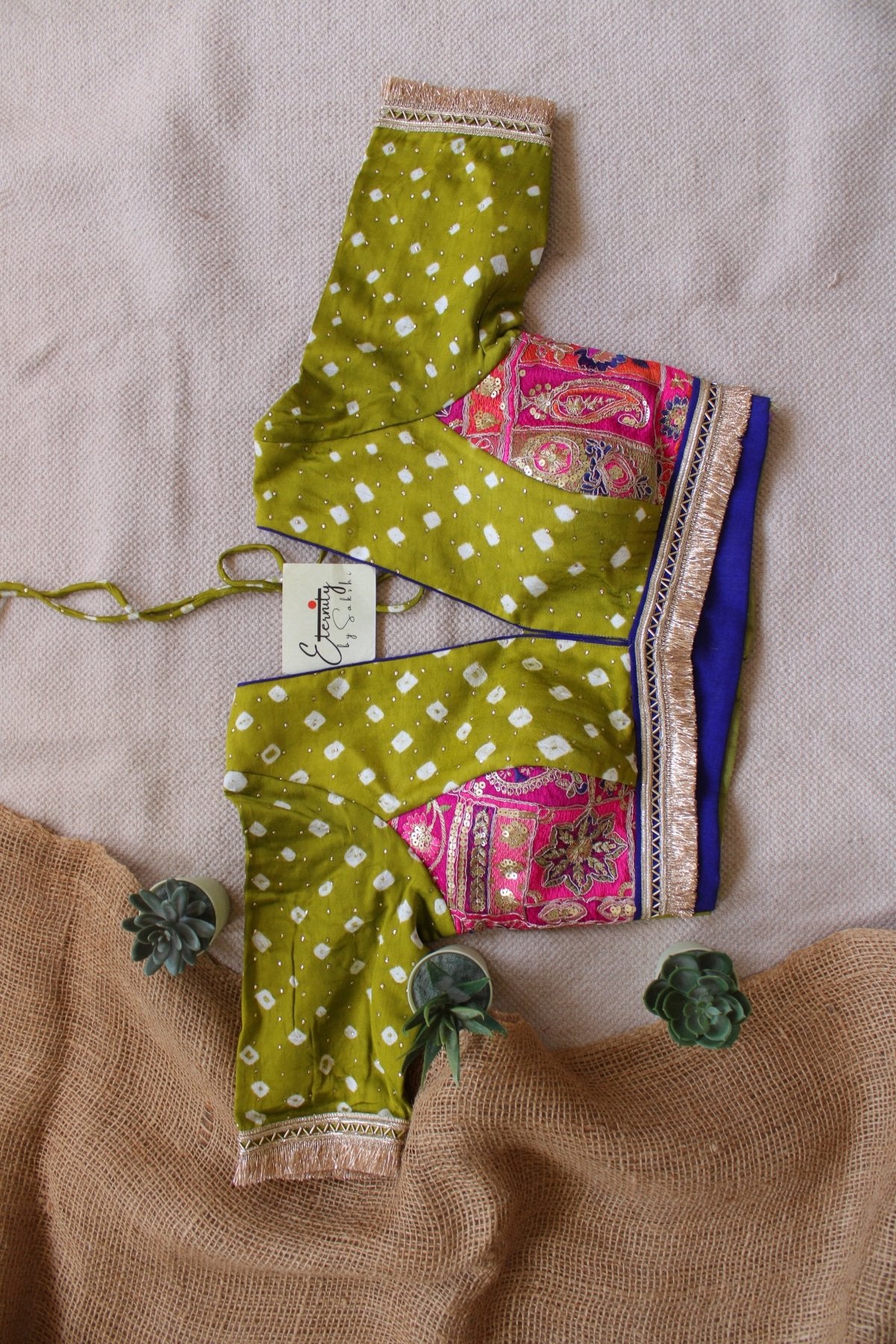 Green Bandhani Pink Patch Blouse - Eternity by Sakshi