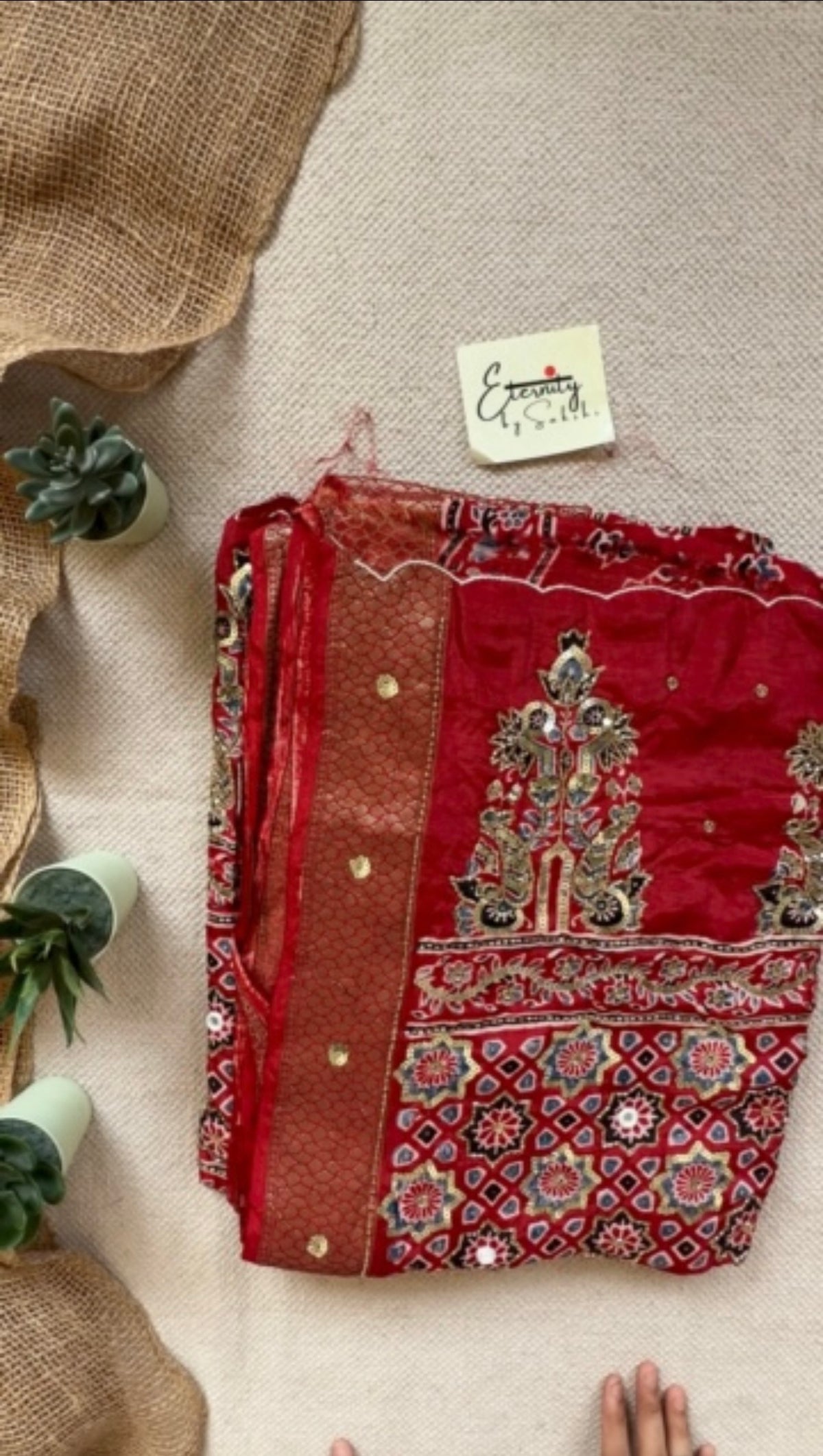 Red Maharani Ajrakh Dola Silk Handwork Saree