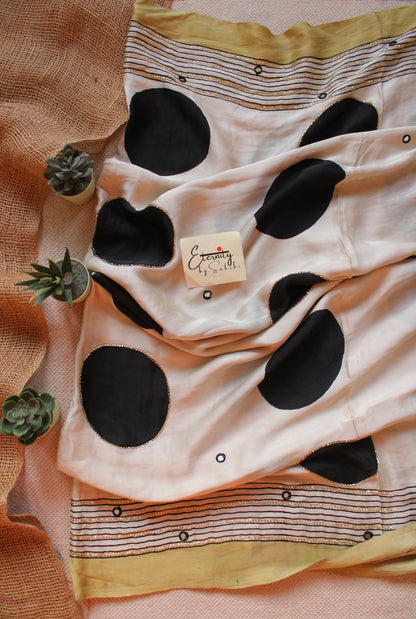 Off - White Polka Modal Silk Saree with Artisan Handwork - Eternity by Sakshi