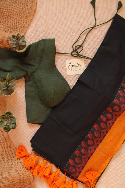 Black Mohe Saree + Green Madhubala with Sleeves Blouse Combo - Eternity by Sakshi