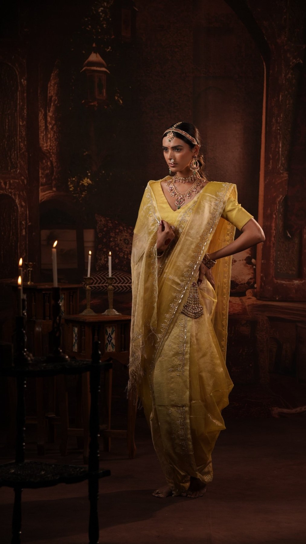 Yellow Handwork Raaz Saree + Yellow Tissue Elastic Blouse - Eternity by Sakshi