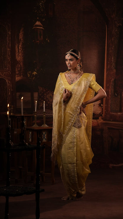 Yellow Handwork Raaz Saree + Yellow Tissue Elastic Blouse - Eternity by Sakshi