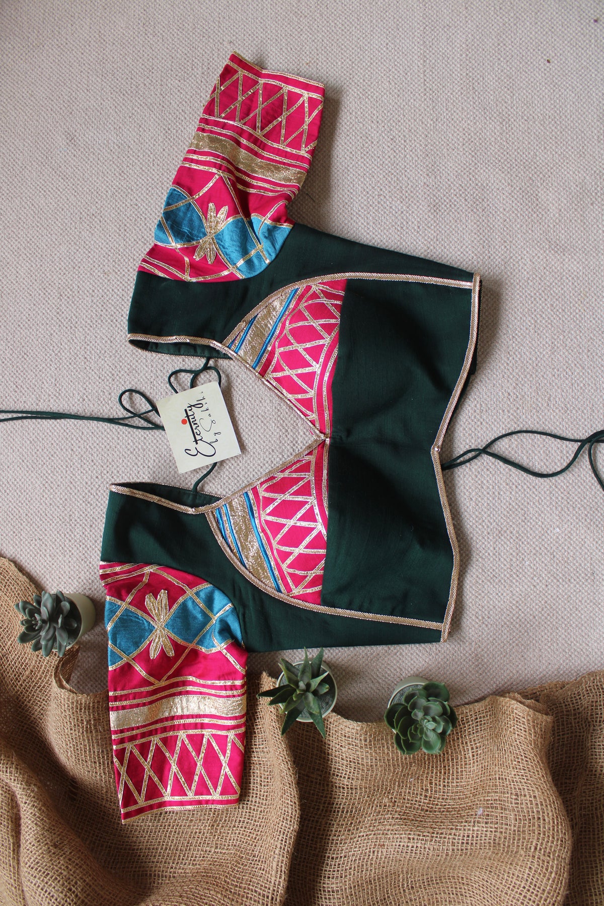 Green Pink Gottapatti Limited Navratri Patch Blouse