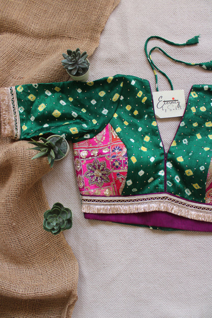 Dark Green Bandhani Pink Patch Blouse