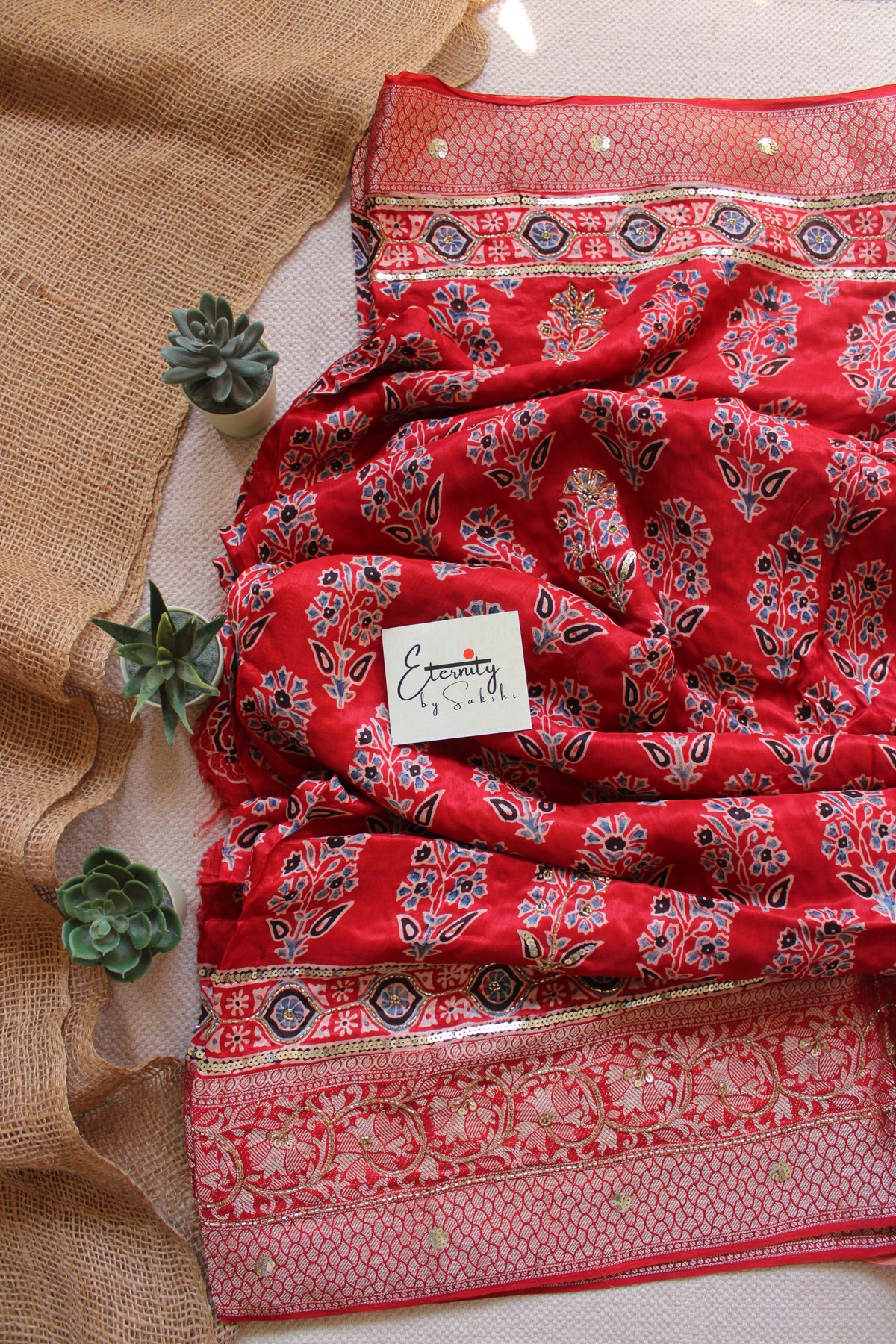 Red Noor Maharani Ajrakh Dola Silk Handwork Saree