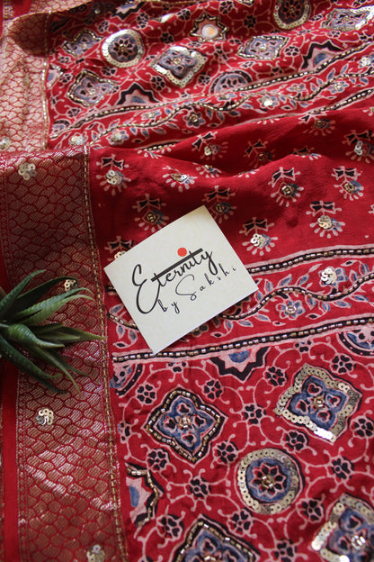Laal Ishq Maharani Ajrakh Dola Silk Handwork Saree