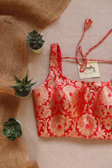 Red Brocade Elastic Noorie Blouse - Eternity by Sakshi