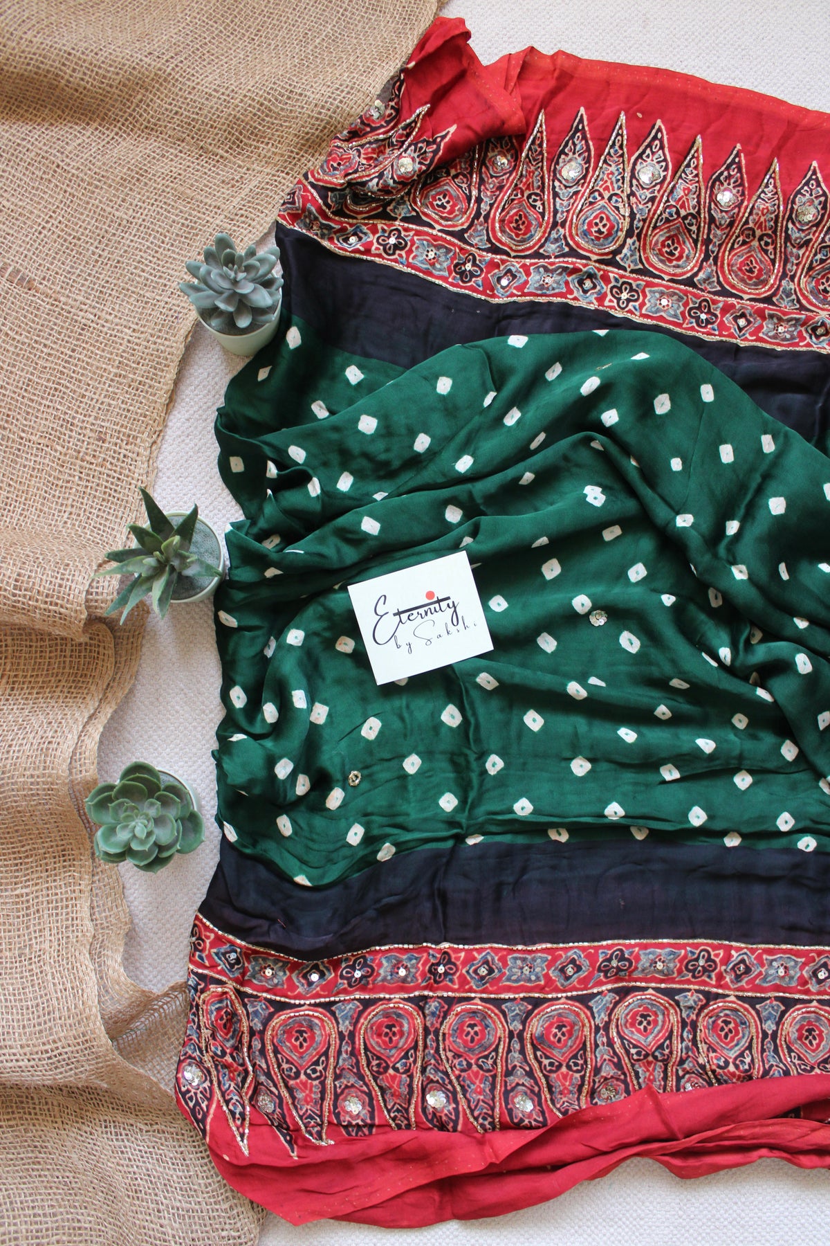 Green Bandhani Ajrakh Silk Handwork Saree