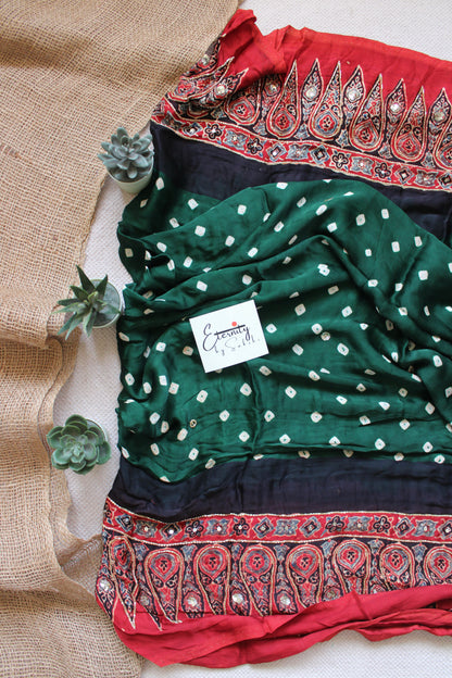 Green Bandhani Ajrakh Silk Handwork Saree