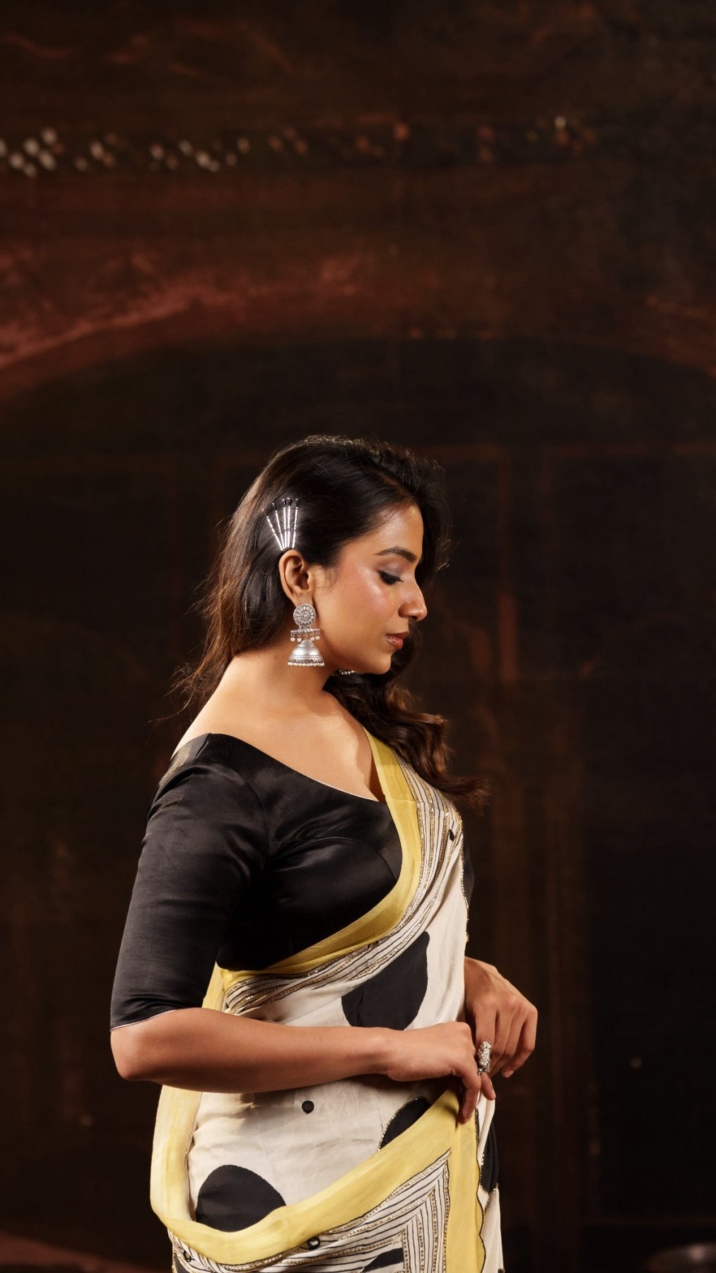 Off-White Ajrakh Polka Modal Silk Saree with Artisan Handwork + Heer Black Blackless Blouse Combo