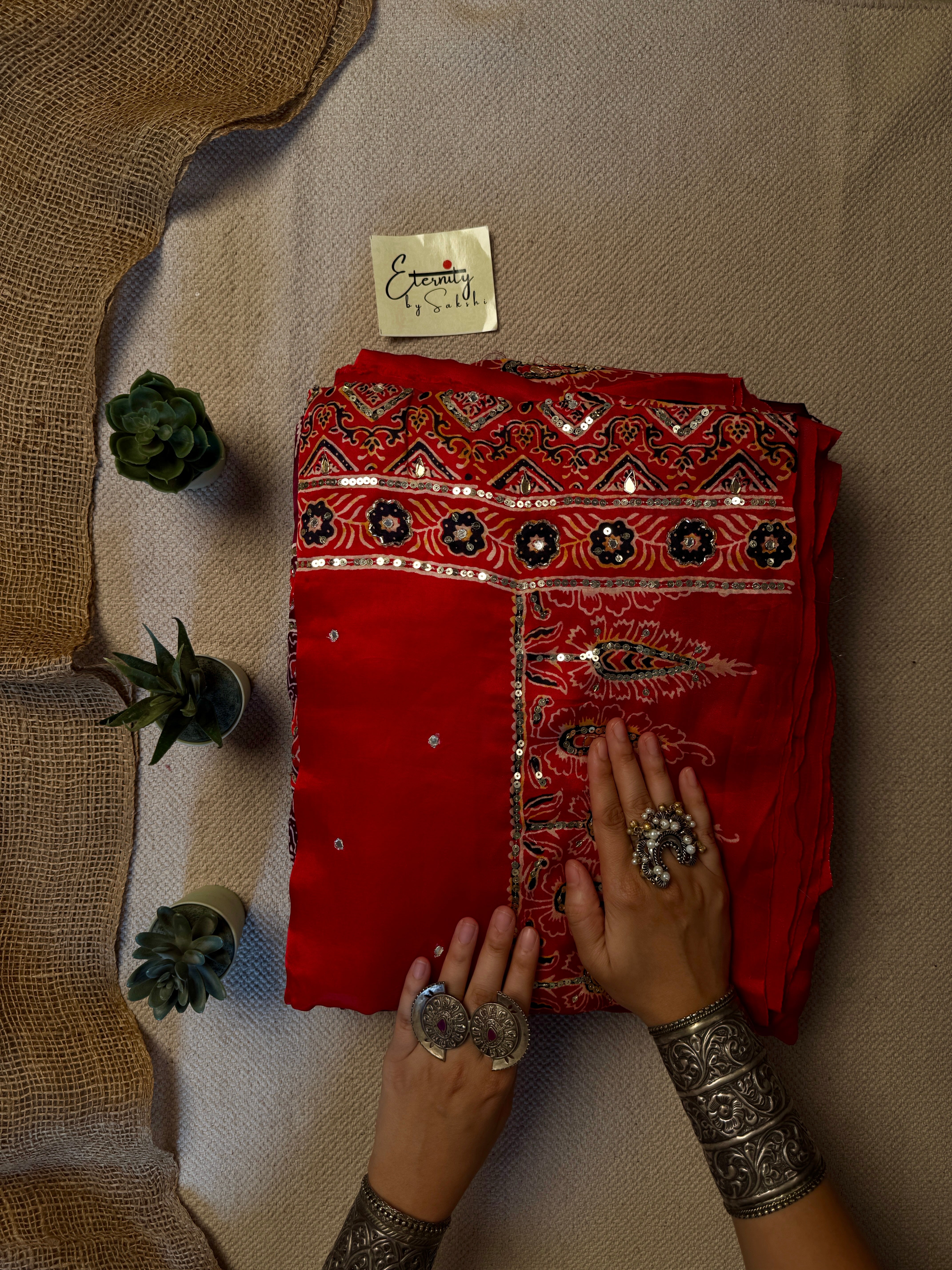 Red Ajrakh Modal Silk Work Saree