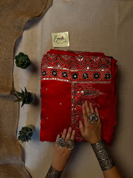 Red Ajrakh Modal Silk Work Saree - Eternity by Sakshi