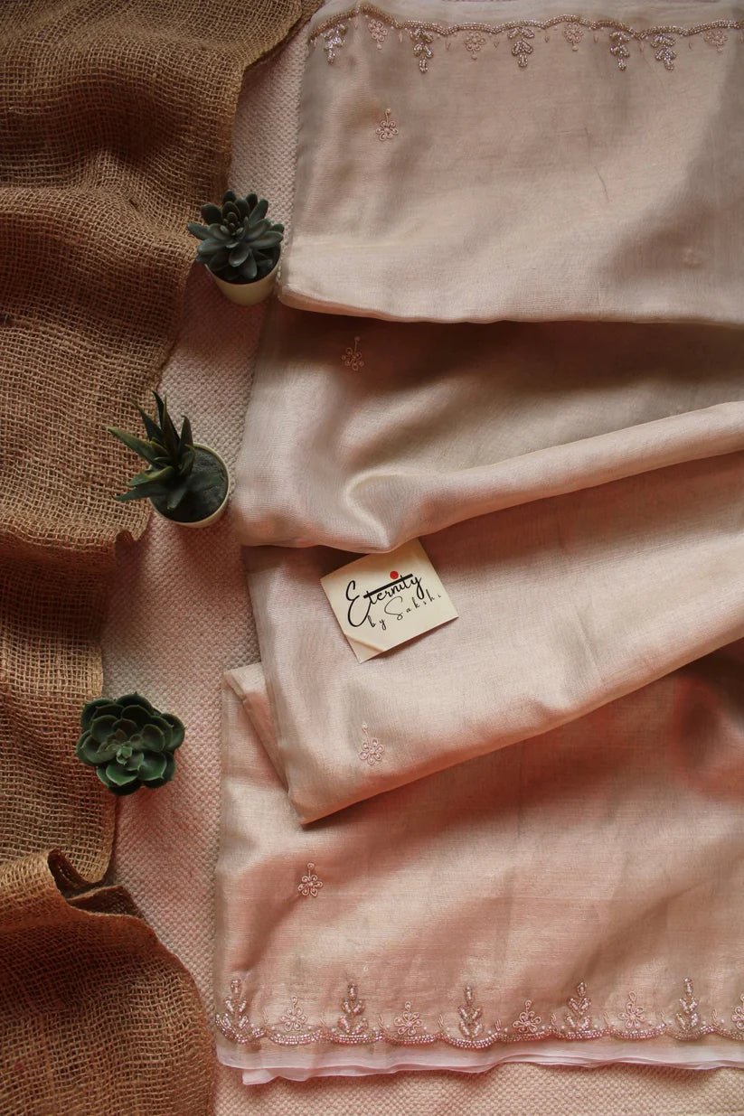 Pearl Handwork Raaz Saree + Beige Metallic Single Zip Mood Blouse Combo - Eternity by Sakshi