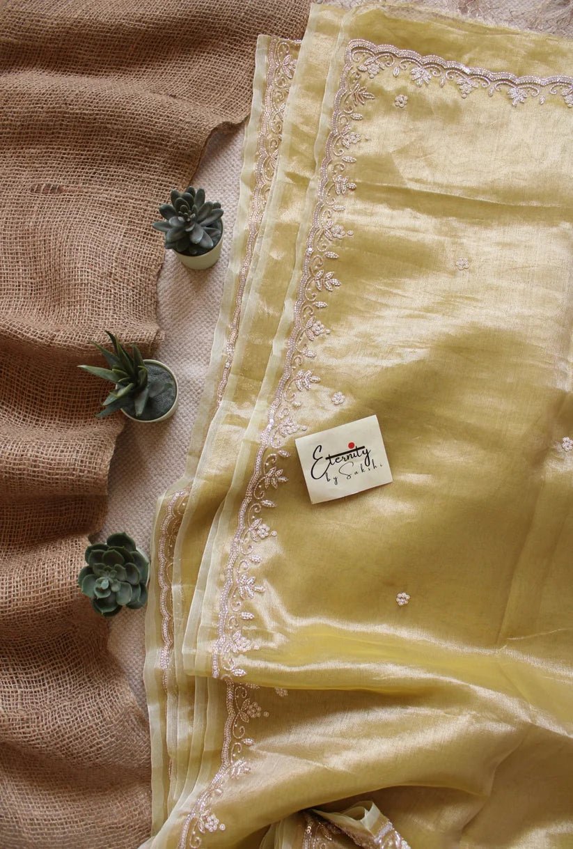 Yellow Handwork Raaz Saree + Beige Metallic Single Zip Mood Blouse Combo - Eternity by Sakshi